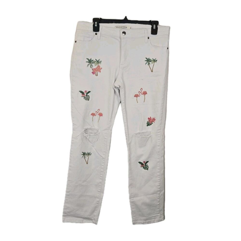 Standard Grace Jeans White Embroidered Flamingos Palm Trees Distressed Sz 12 - Picture 2 of 10